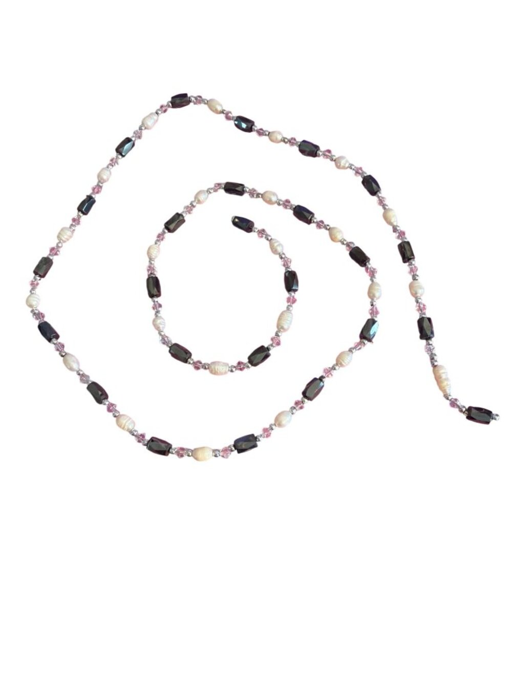Black White Clear Beaded Bracelet Necklace Magnetic Hematite Pearl Crystal 32"